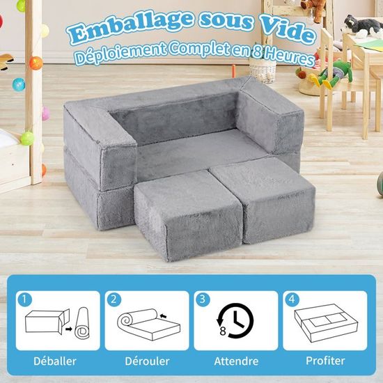Canapé Modulable Enfants 3 Pièces DREAMADE - Mousse Haute Densité - Housse Peluche Lavable - Gris