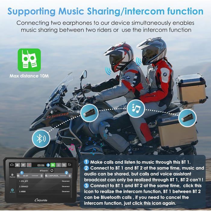 APHQUA Écran CarPlay Sans Fil 7 Pouces Pour Moto - Étanche Tactile Android Auto Bluetooth Navigation GPS A722