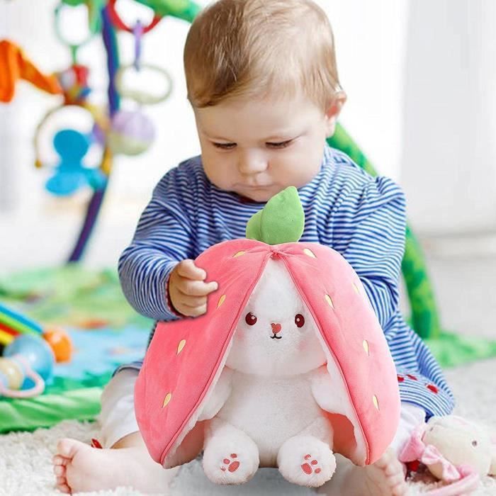 Peluche Lapin Reversible Cache cache dans une Pochette Carottes Fraises Blanc 25cm Cdiscount Jeux Jouets