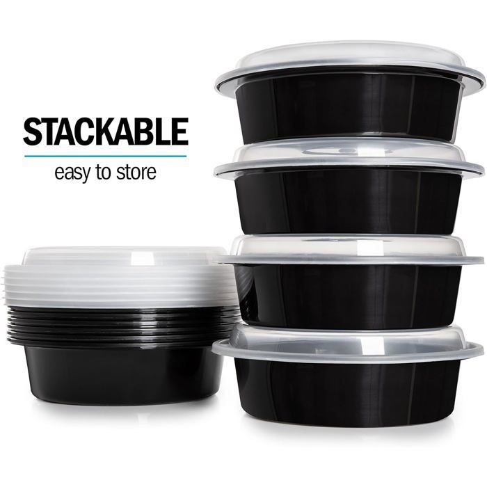 YOUNTHYE Lot De 25 Boîtes Repas Réutilisables 750 Ml Noir - Sans BPA, Micro-ondes, Congélateur, 2 Compartiments, Couvercle Étanché