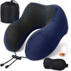 ATMOKO Oreiller de Voyage, Coussin de Support Cervical Essentiel, Sac de Transport Inclus, Bouchons d'oreille et Masque de Sommeil,Bleu