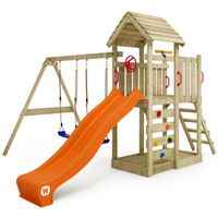 Aire de jeux WICKEY MultiFlyer en bois avec toboggan et balançoire orange pour enfants