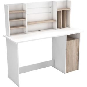 BUREAU  DEMEYERE Bureau 1 caisson + surmeuble - Décor Chêne Brossé et Blanc mat - L 134,8 x H 73,7 x P 50,1 cm. - AMBRE