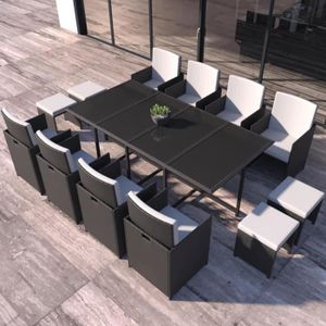 Ensemble table et chaise de jardin FLORIDA - Salon de jardin résine tressée Noir & Blanc 12 places