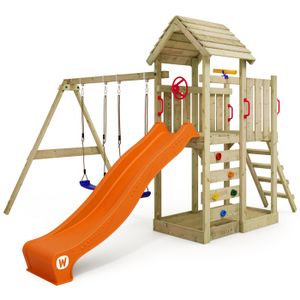 STATION DE JEUX Aire de jeux WICKEY MultiFlyer en bois avec toboggan et balançoire orange pour enfants