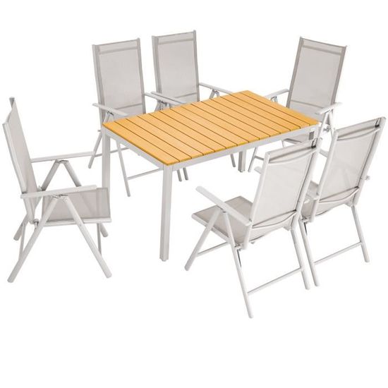 Salon Jardin Aluminium 7 Pièces Milano - Table + 6 Chaises Pliables à Dossier Réglable - Gris, Résistant Intempéries