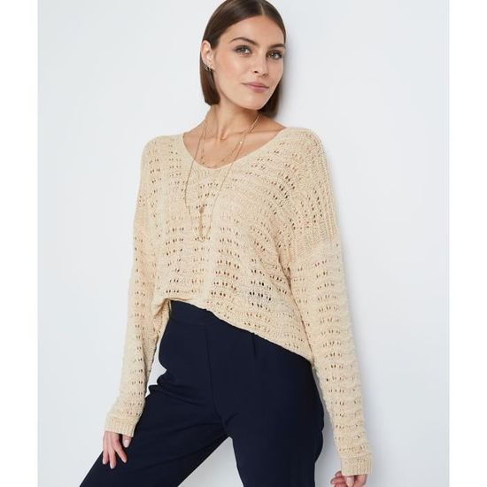 GRAIN DE MALICE Pull maille ajouree femme Beige Cdiscount Pret a Porter