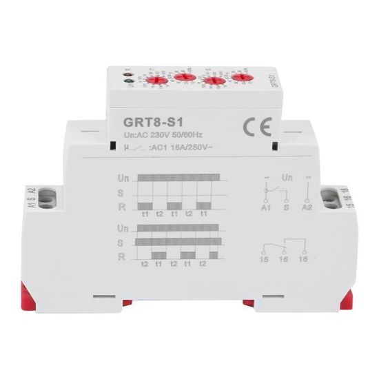 Relais Temporisé 220V GRT8-S2 - Minuterie Cycle Asymétrique, Réglage 0.1s à 100 Jours, 2 Sorties SPDT 16A, Montage Rail DIN