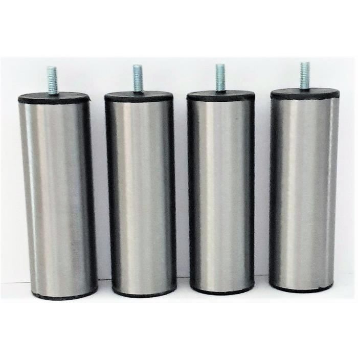 Lot de 4 Pieds de Lit, Sommier Tapissier en Acier Finition Inox Brossé 15 cm , Vis M8 à Visser