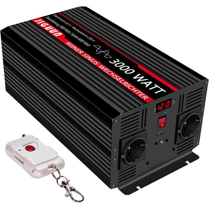JIGUUN 3000W/6000W Convertisseur Pur Sinus 12V 220V 230V Onduleur sinusoidale transformateur avec Telecommande sans Fil Ecran