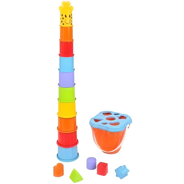 Coffret Jeux d'eveil Girafe bebe : 10 gobelets gigognes + 5 formes + seau trieur - Jouet a trier et a empiler - Premier age