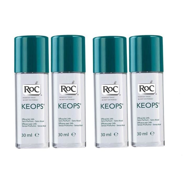 RoC - Keops Déodorant à bille - Sans parfum - Sans alcool - Lot de 4 x 30 ml