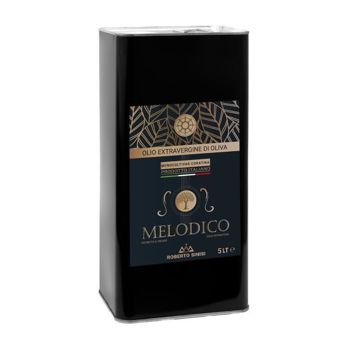 huile d'olive extra vierge produite en Italie. Huile d'olive extra vierge pressée à froid en bidon de 5 litres. Melodico Madrepuglia
