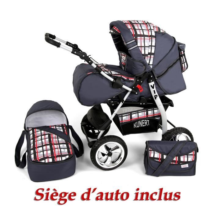 Poussette / Landau combiné 3en1 multifonctions avec équipement bébé enfant 0-36m Roues en mousse Volver - Graphite - À Carreaux.