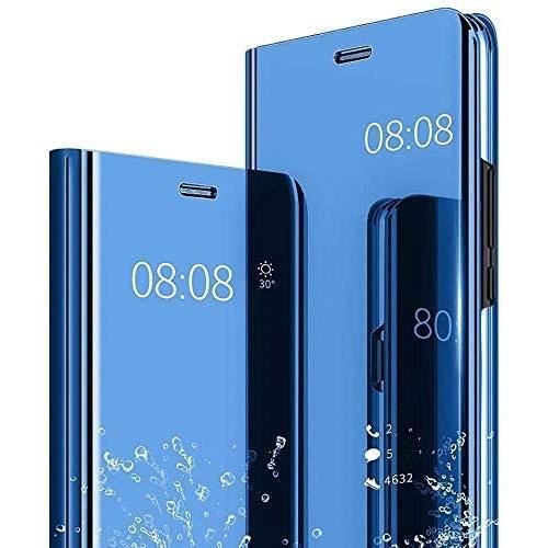 Coque pour Samsung Galaxy A22 5G, Miroir Étui à Rabat 360 Protection Intégrale Clear View Translucide PU Cuir Case Protecteur Bleu