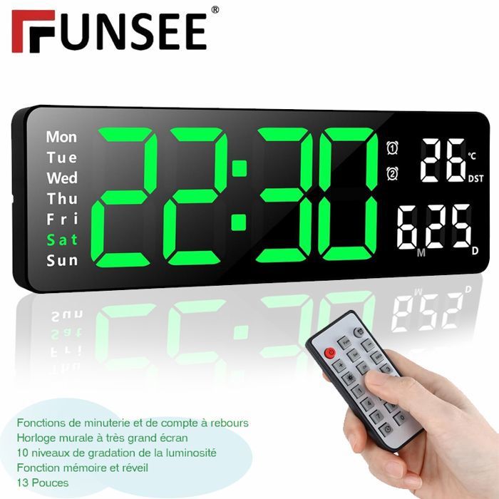 Horloge Murale Numérique 25,4cm Sukeen Avec Lumière Colorée - Date, Température, Alarmes & Télécommande