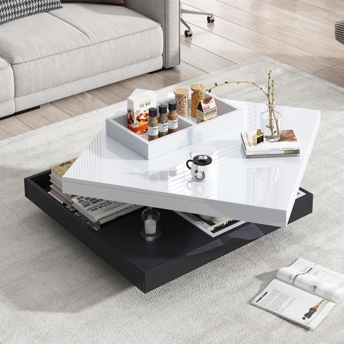 Table Basse - Moderne - Plateau pivotant 360° - 4 étagères de rangement - Panneaux de particules
