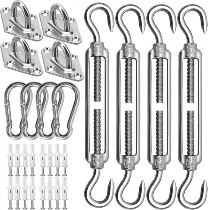 Kit Fixation Voile D'Ombrage - Acier Inox 304, Tendeurs Réglables - Pour Carré/Triangle