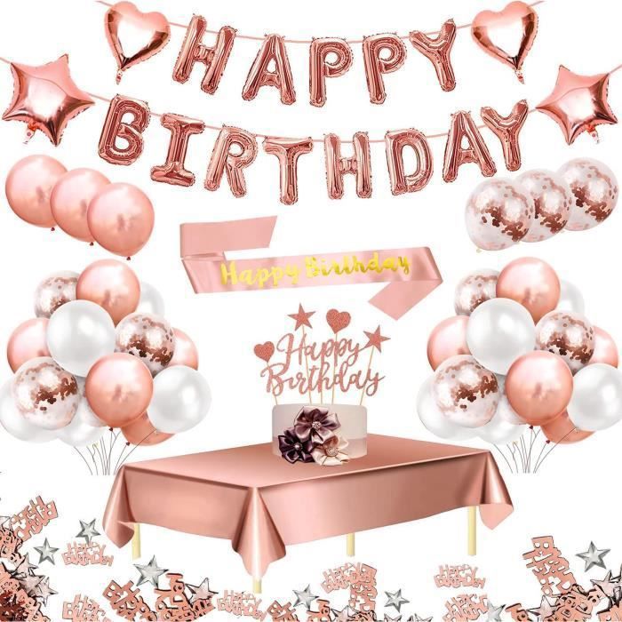 Decoration Anniversaire, Anniversaire Décorations Beige Blanc Or Ballons Kit Banderole Joyeux Anniversaire Pom Poms Confetti Echarpe Couronne Deco Rideau Nappe Couronne Anniversaire Pour Fille Femme