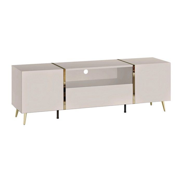 Meuble TV avec 2 portes 1 tiroir et 1 niche - Beige et Doré - MARZIALO