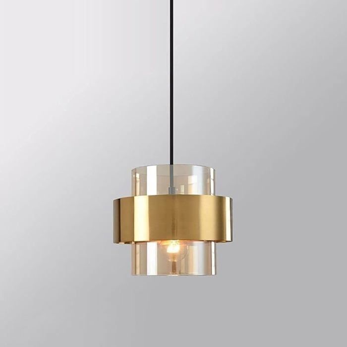 Lustre suspendu moderne en verre ambré gris – Abat-jour tambour style milieu du siècle pour cuisine ou salle à manger