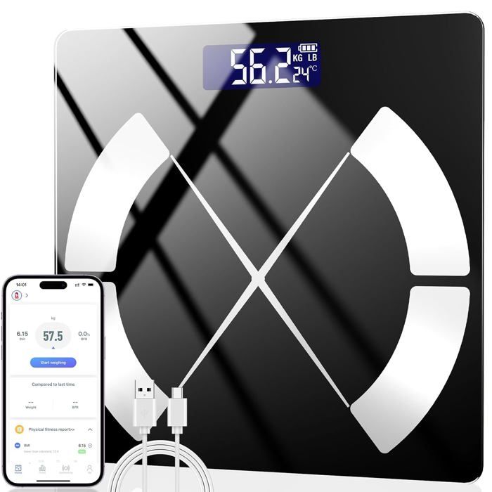Pese Personnes avec Application Balance Bluetooth pour Graisse Corporelle 180kg IMC Poids Masse Musculaire Eau Protéines