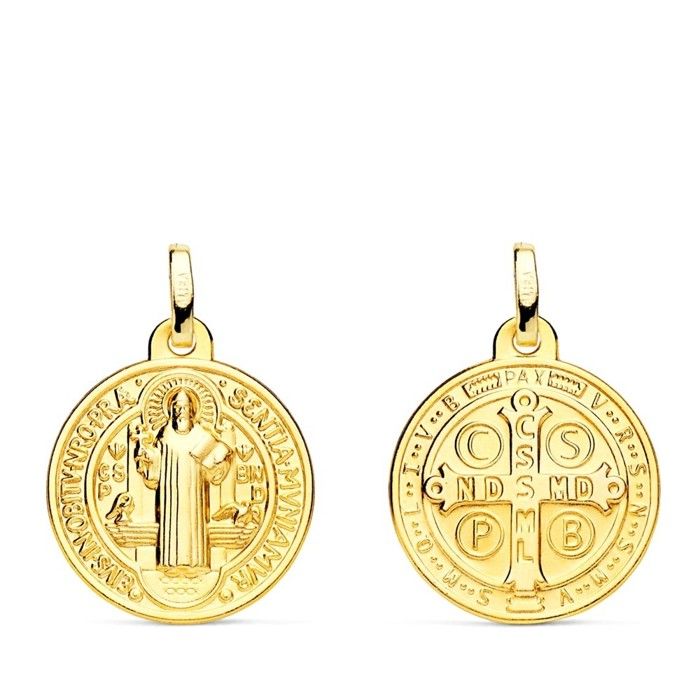 Médaille de Saint Benoît en or 9 carats 18 mm finition mate et détails en relief avec une croix au revers