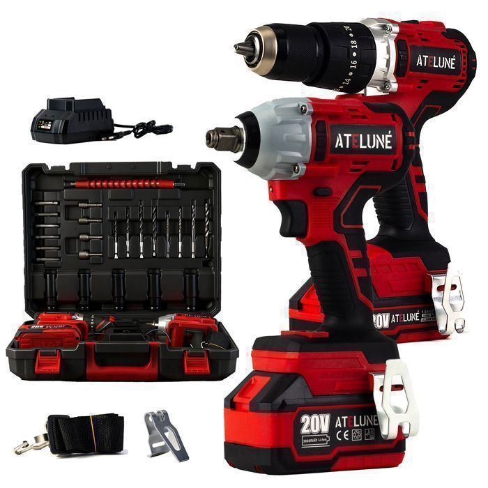 Pack ATELUNÉ 20V - Perceuse à Percussion & Boulonneuse Brushless - 2x Batteries 3Ah(Niveau de charge visible) + Coffret Embouts