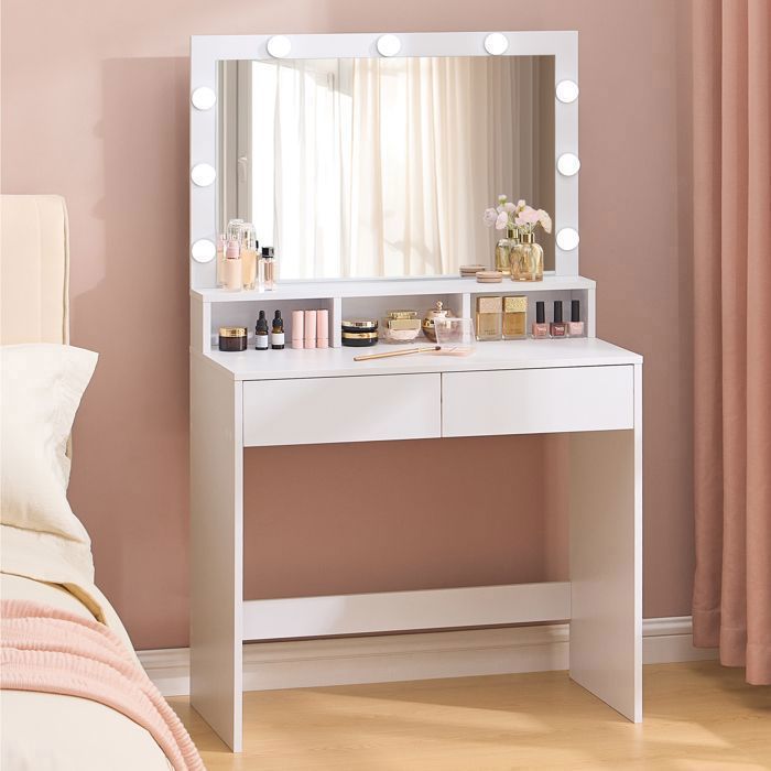 Coiffeuse avec Miroir LED avec Rangement 2 Tiroirs et 3 Compartiments Blanc