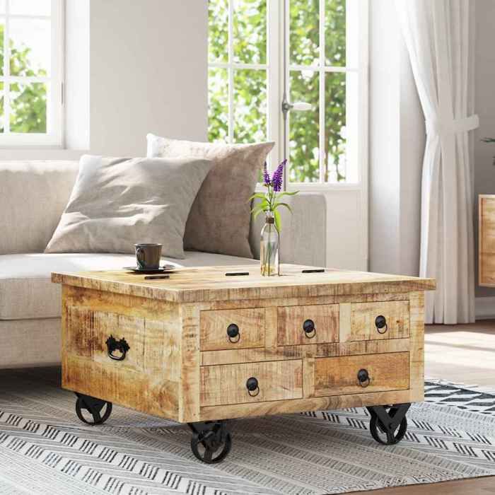 SALE 2026 Table à café Brun - Table basse Bois de manguier brut 70x70x40cm PRO331442196