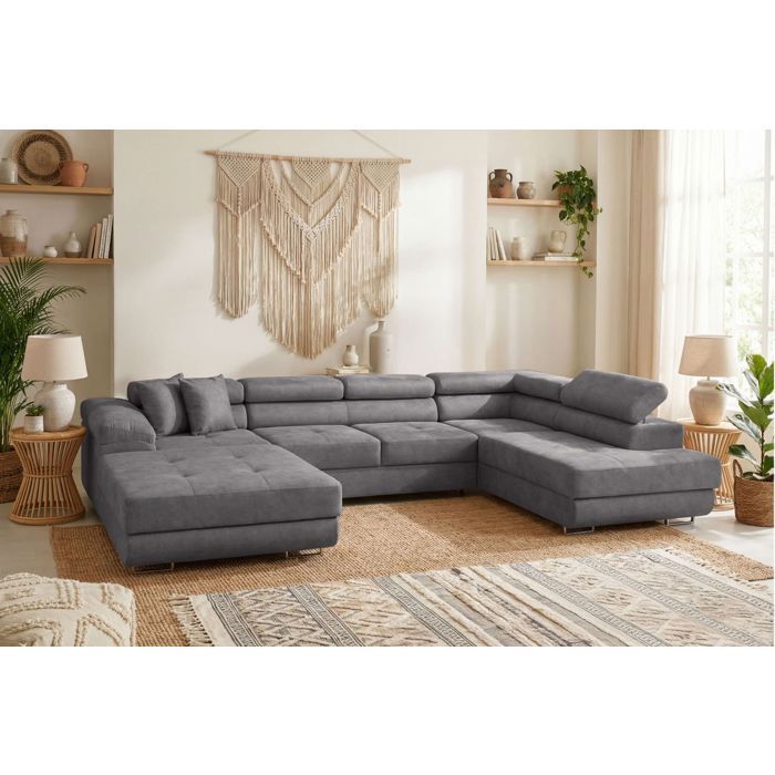 Canapé panoramique 6 places FLAVIO convertible avec 2 coffres en tissu - Gris moyen Canapé panoramique 6 places FLAVIO convertible avec 2 coffres en tissu - Gris moyen