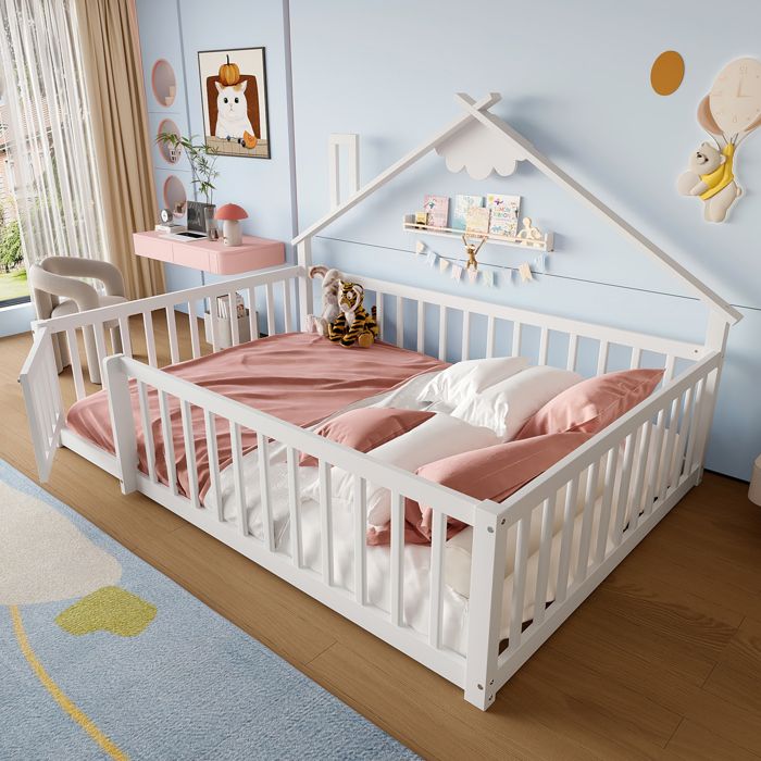 Lit cabane enfant 140 x 190cm lit au sol Montessori cadre de lit en pin avec protection antichute et sommier à lattes(Blanc
