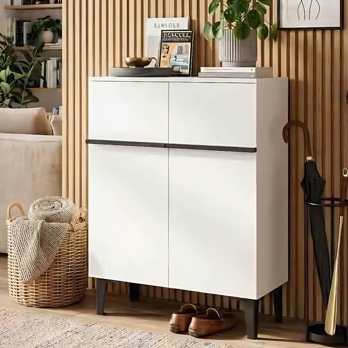 Meuble à Chaussures 95x60x34 5cm - Étagères Ajustables - Design Gain de Place - Portes Battantes - Blanc