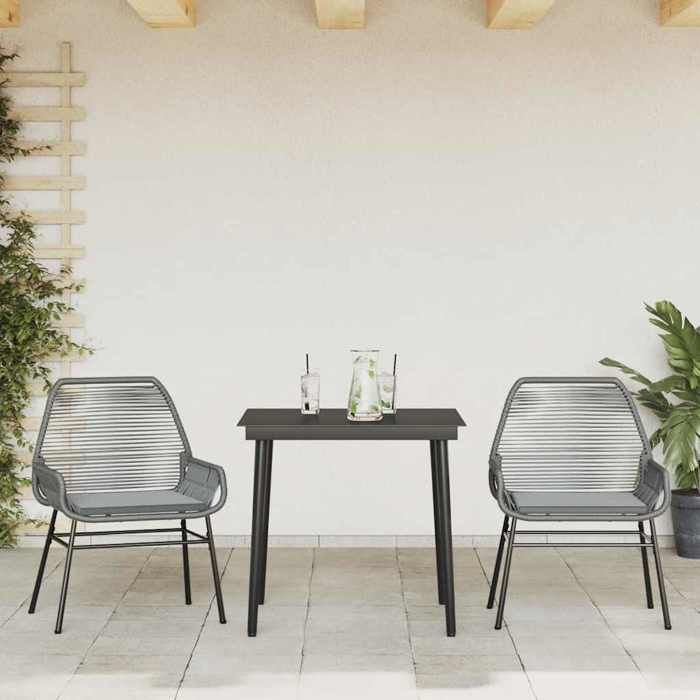 HOT SALE* Ensemble à manger jardin coussins - 3 pcs - SHIELD - Table de jardin et 2 Fauteuils - gris poly rotin verre 2595200