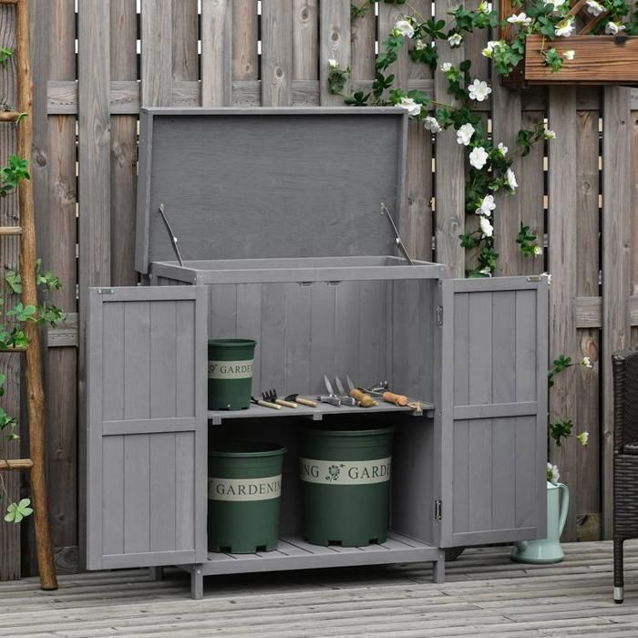 Abri de jardin abri à outils résistant aux intempéries en bois de sapin double porte 2 compartiments gris foncé 74 x 43 x 88 cm