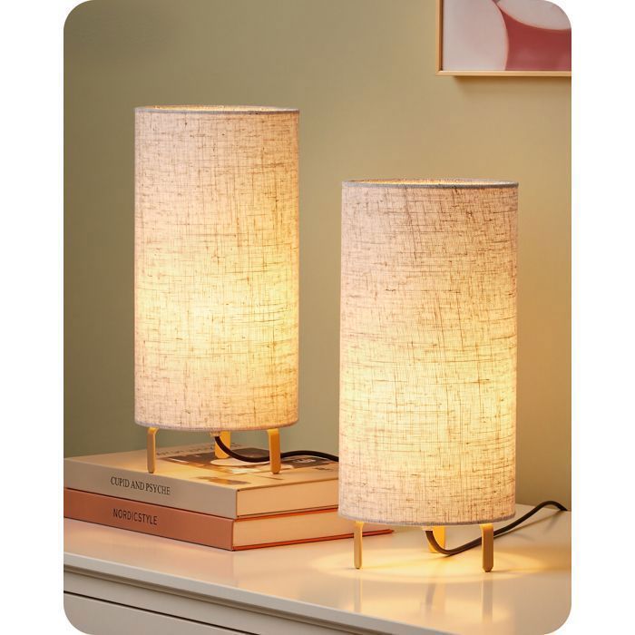 Lampes de table - EDISHINE - Lot de 2 abat-jour lin - Ampoules LED E27 incluses - Blanc chaud 2700K - Structure métal