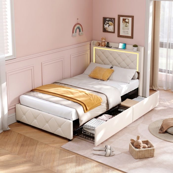 Lit Simple-Anajqaqia-lit 90x200Cm-Lit simple à LED avec deux tiroirs -Ports de recharge USB et Type-C-En Flanelle-Beige - 1 places
