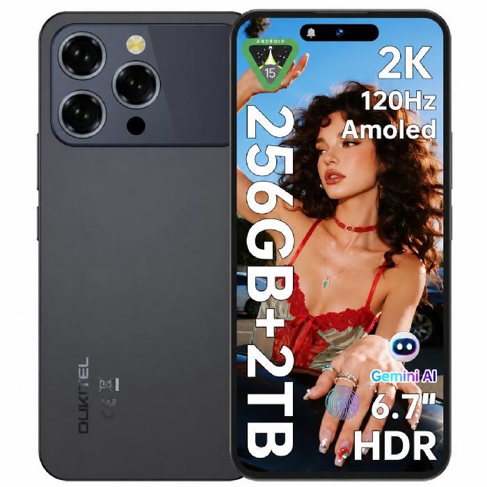 OUKITEL P1 Pro Smartphone 16GO+256GO AMOLED 6.7FHD+ 120Hz 50MP+32MP Android 15 5150mAh Débloqué Empreinte/Face ID/NFC/OTGNoir