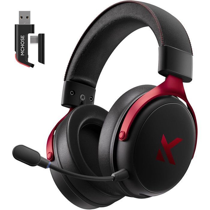 MCHOSE V9 Pro Casque de Gaming sans Fil avec Microphone Détachable Son Surround 7.1 Esports Connexion Tri Mode - Noir Rouge