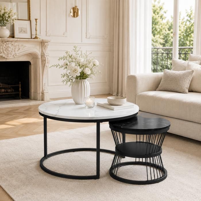 Table basse gigogne ronde EZSSW étagère de rangement plateau effet marbre structure métal doré Blanc et noir