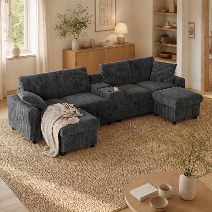 ELVORIN Canapé d angle en U 315 x 135 x 81 cm velours côtelé gris 2 poufs coffres table ports USB et prises