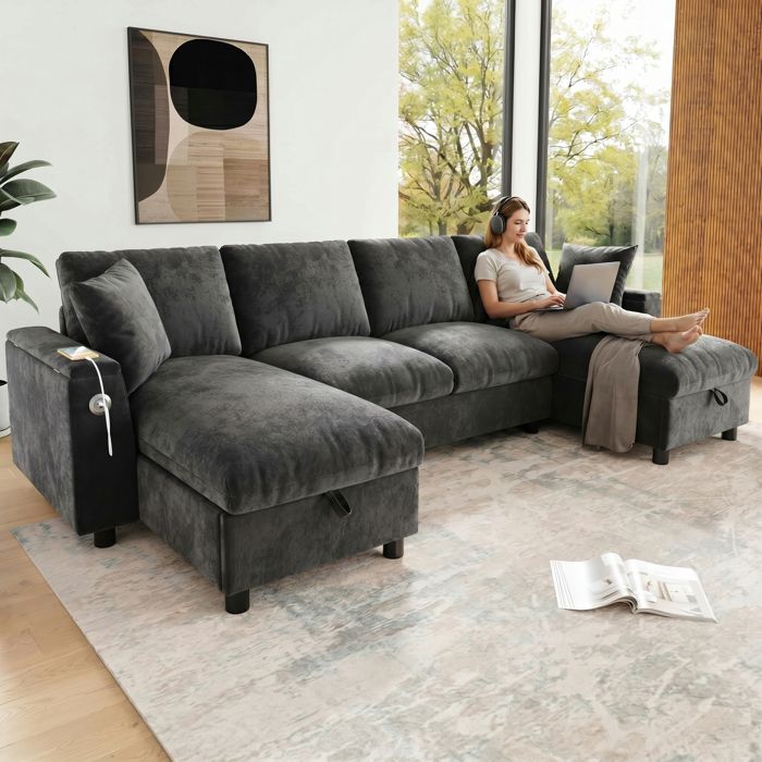 Canapé en U avec méridienne - Design en U spacieux - 2 places + méridiennes - Rangement rabattable - Port USB et Type-C