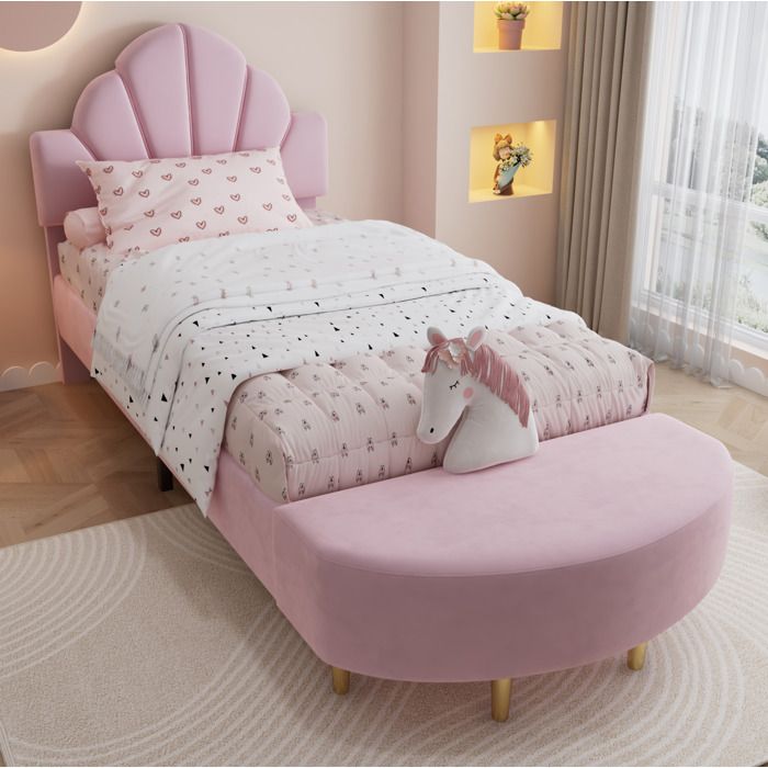 VUENOR Lit simple 90x200 cm rose – tête de lit en velours et banquette sans matelas