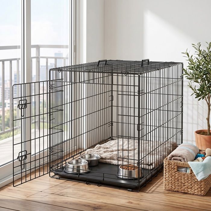 Cage de Pliable pour Chien avec Plateau en Plastique et 1 Porte Taille L Noir Cage de Pliable pour Chien avec Plateau en Plastique et 1 Porte Taille L Noir