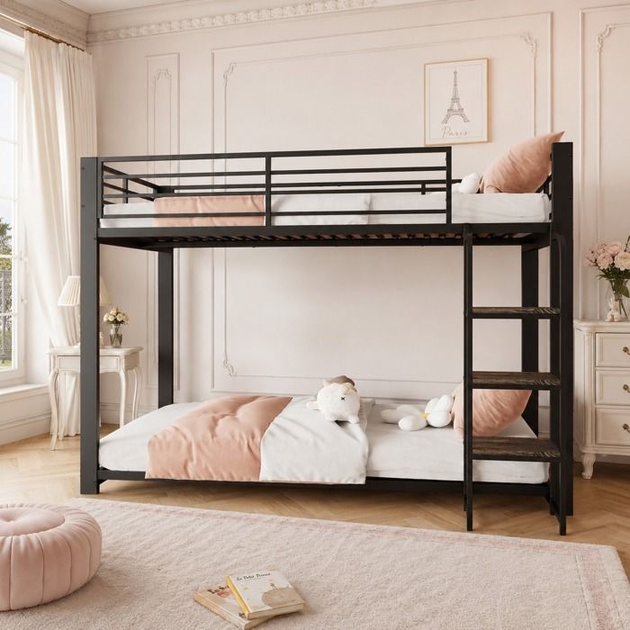 Lit superposé enfant/adolescent 90x200 cm en métal – sommier inclus capacité 400 kg Noir