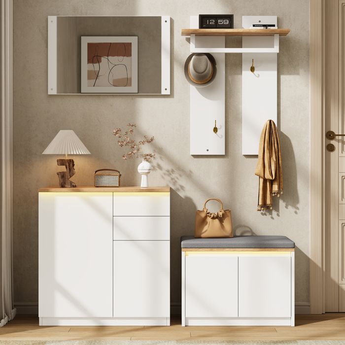 Meuble console dEntrée blanc et bois naturel avec miroir barre à vêtements banc vestiaire rangement chaussures 130 x 35 x 124.5 cm