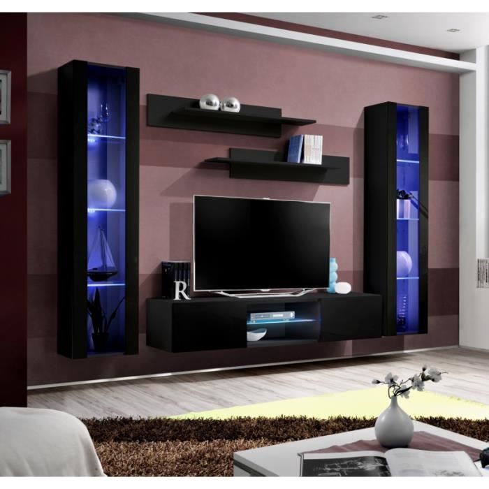 ensemble meuble tv mural - ac-déco - fly o2 - noir - 2 porte(s) - verre - 260 x 40 x 190 cm