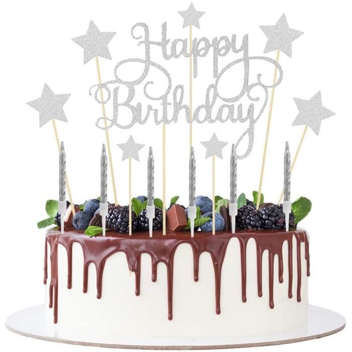 Décorations pour gâteau d'anniversaire « Happy Birthday » - Étoiles  brillantes - Décoration de gâteau avec 10 bougies argentée[402] - Cdiscount  Maison