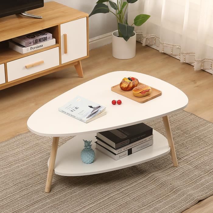 Table Basse Scandinave - PERFECT - 2 Étages - Blanc - Pieds en Bois Hêtre