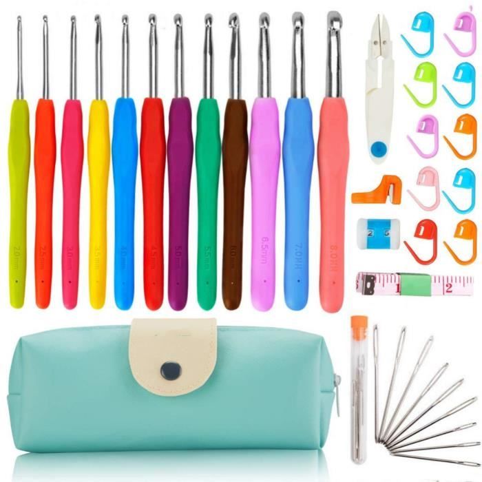 Aeeque Kit Crochet Débutant Complet - 34 Pièces : Aiguilles Acier, Aluminium, Accessoires - Taille 0.6-8mm - Sac Inclus
